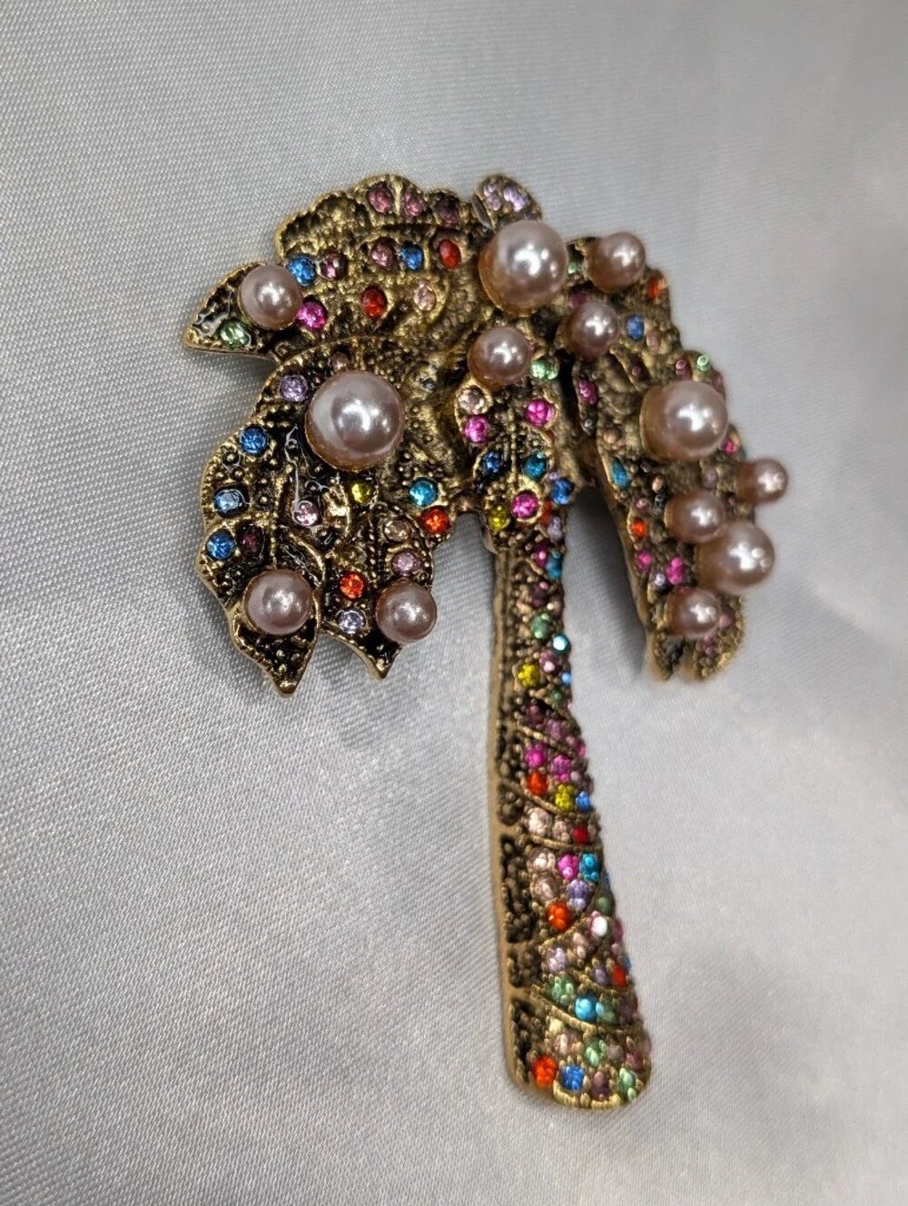 Multicolor Rhinestone Faux Pearl Palm Tree Brooch Pin Gold Tone Tropical